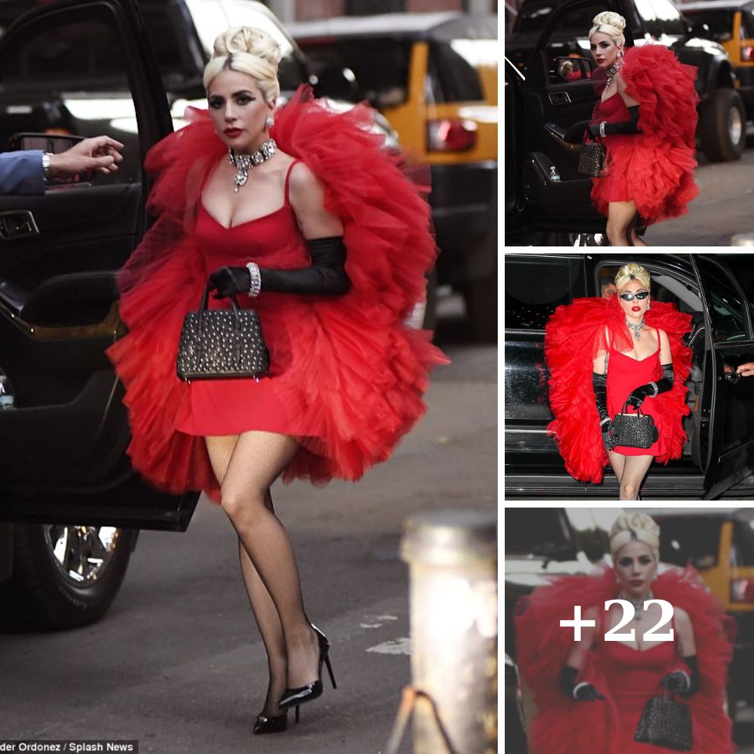 Lady Gaga shows off her ample cleavage in skimpy red dress as she