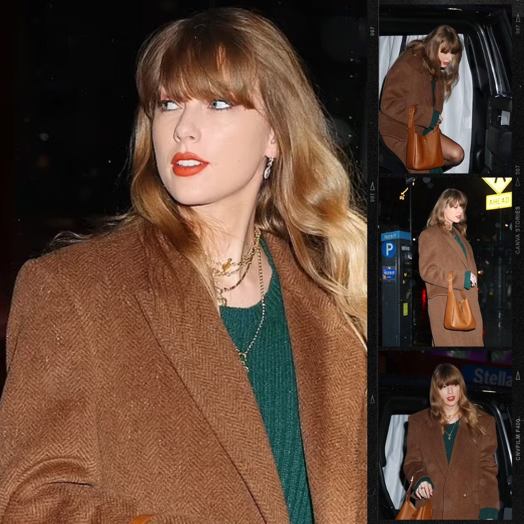 Taylor Swift braves the rain in a stylish green sweater dress and brown ...