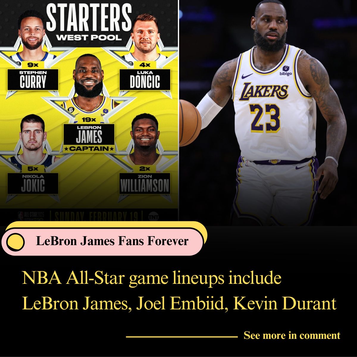 NBA AllStar game lineups include LeBron James, Joel Embiid, Kevin Durant