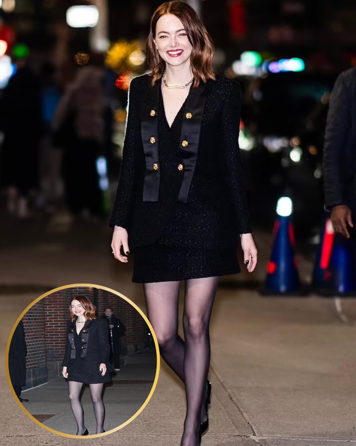 Emma Stone cuts a stylish figure in a plunging black skirt suit and ...